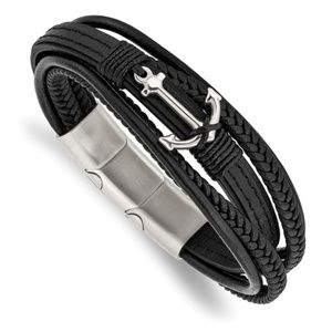 Chisel Stainless Steel Anchor Black PU Leather 7.75 inch Bracelet